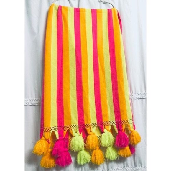 Fluorescent Rare Y2K Cotton Blend Long Scarf Shawl Wrap Knitted w/Fringe, Balls - Picture 3 of 7